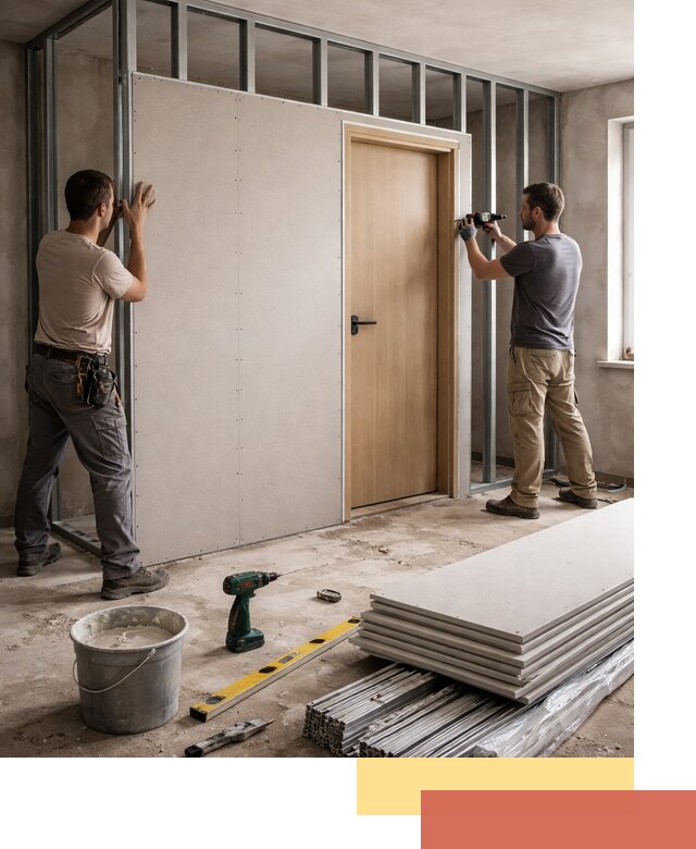 Перегородка из гипсокартона с дверью под ключ в Ногинске