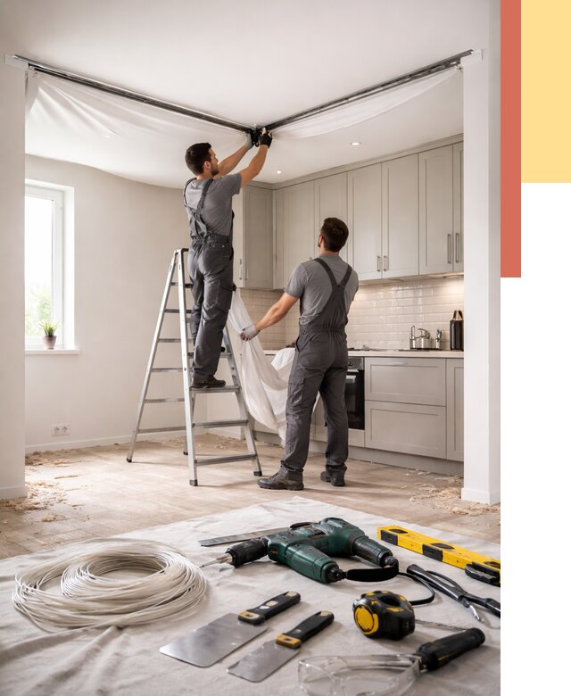 Установка натяжного потолка на кухне в Ногинске от 2431 руб. | ОТДЕЛОЧНИК-Нгн