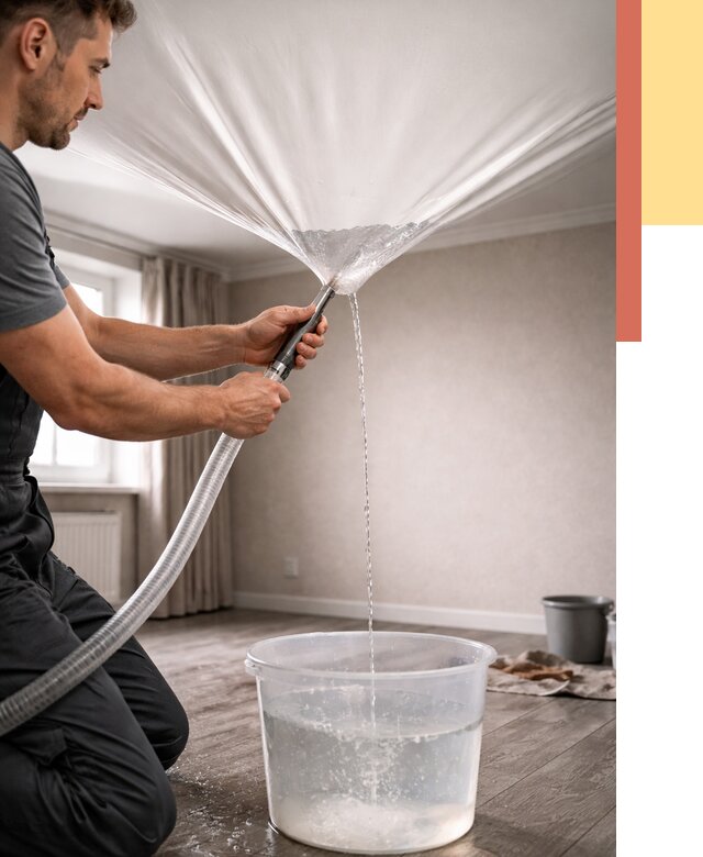 Слив воды с натяжного потолка в Ногинске от 2533 руб. быстро и недорого | ОТДЕЛОЧНИК-Нгн